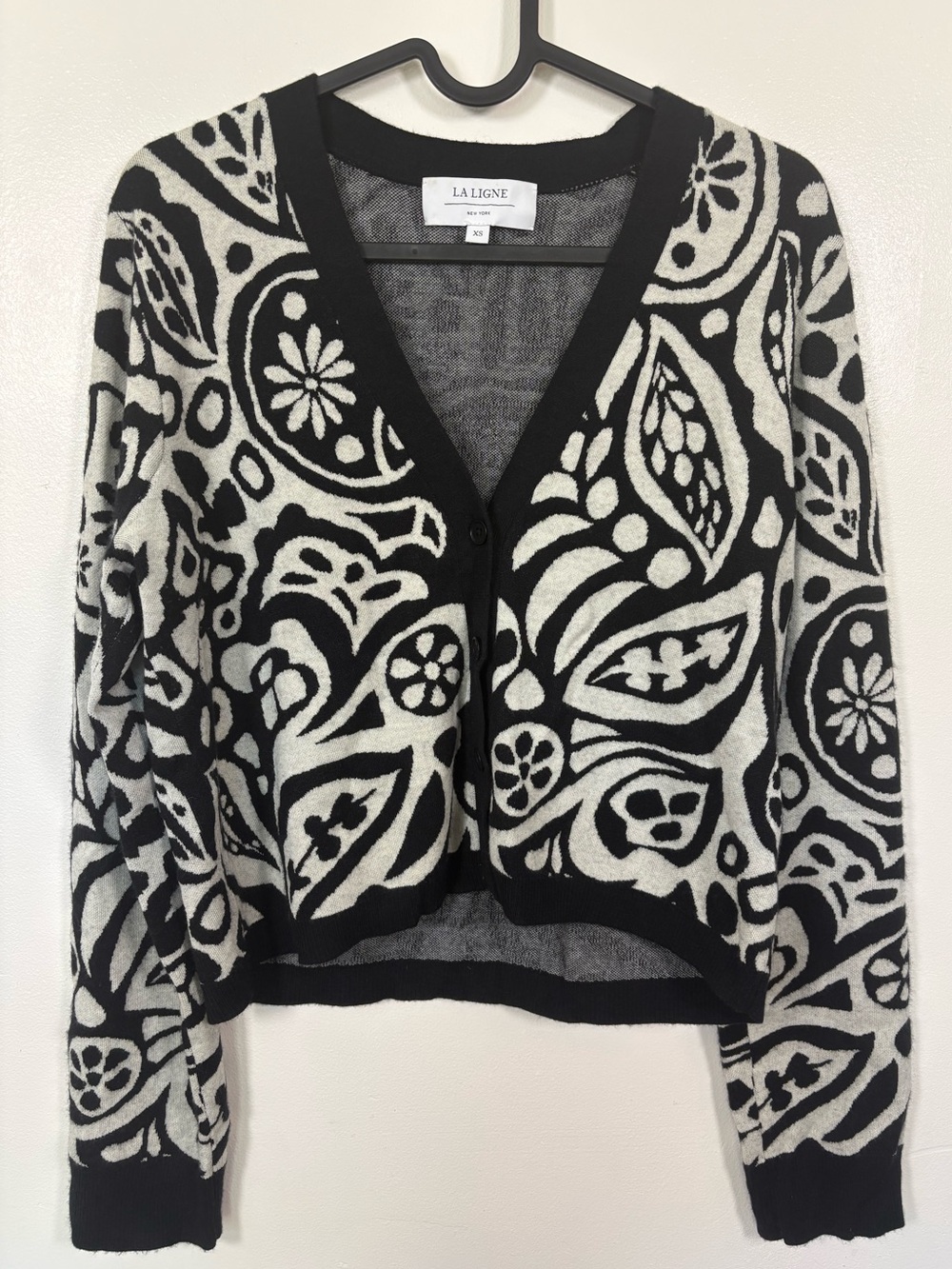La Linge Black White Floral Cardigan Sweat Merino Wool V-Neck Button